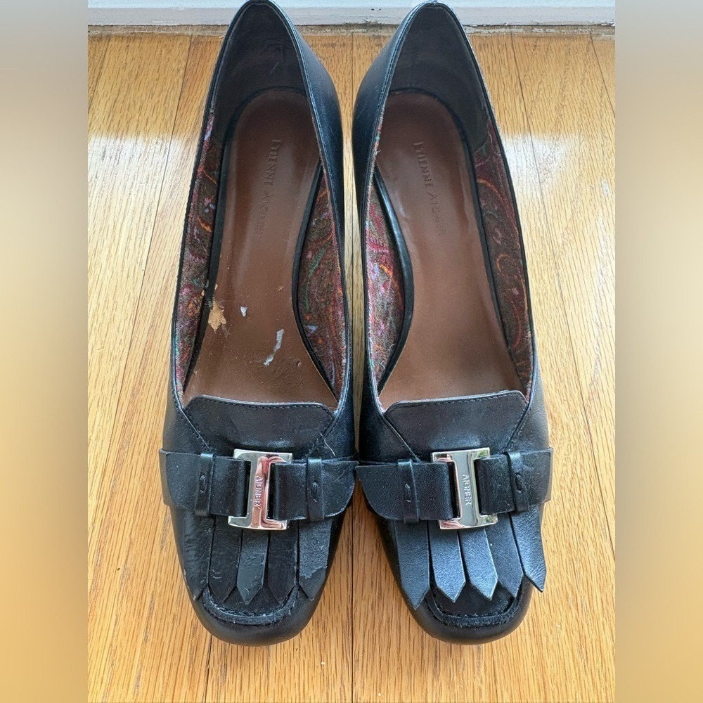 Designer Black Leather Fringe block heel Size 6.5-7